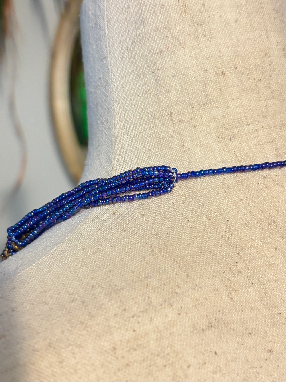 Vintage Cobalt Blue Gold Multi Strand Seed Bead Necklace Boho Statement Woven - Picture 9 of 10